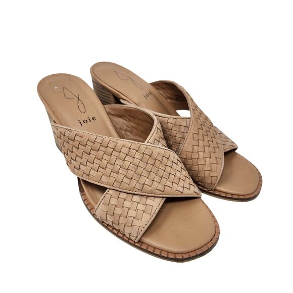 Joie Tan Criss Cross Woven Leather Peep Toe Block Heels Slip On Sandals Size 8 - Picture 2 of 10